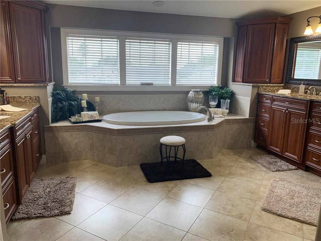 A bathroom features a built-in soaking tub, tile flooring, and dark wood cabinetry — 1630 TAWNYBERRY COURT, TRINITY, FL