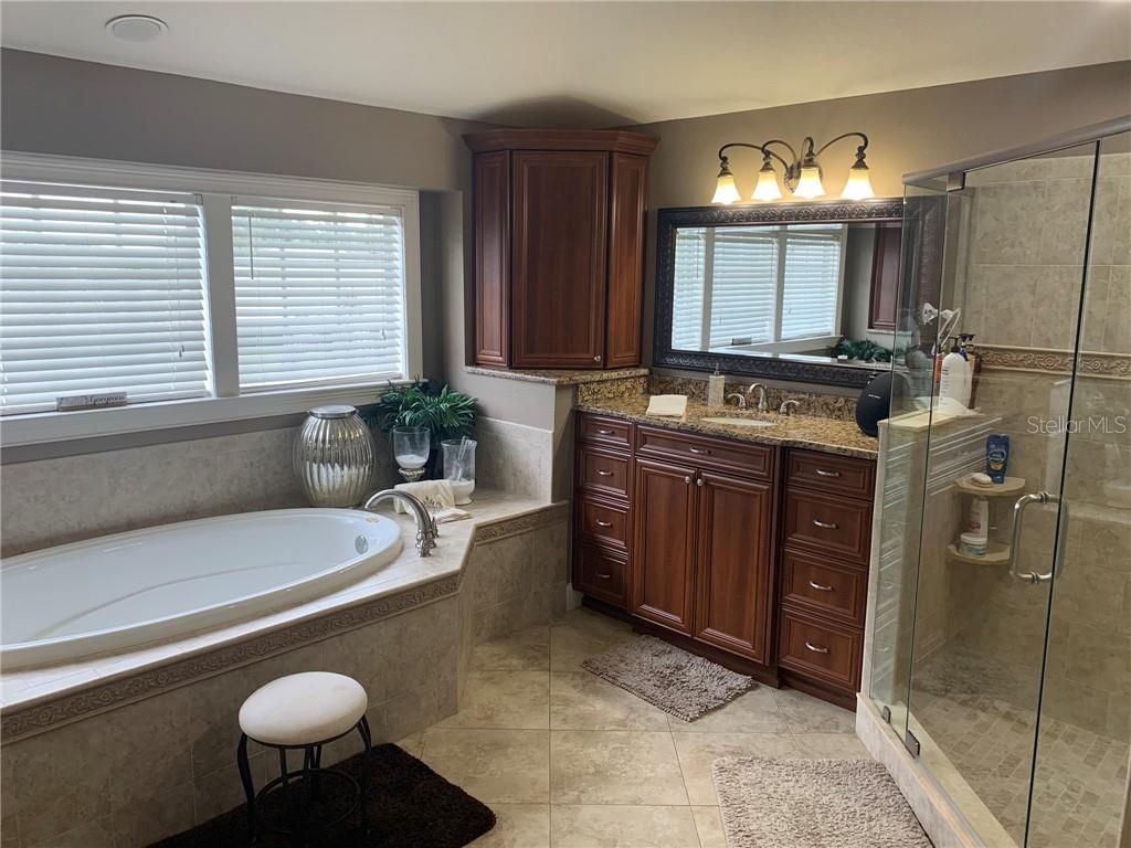 A bathroom features a soaking tub, a glass-enclosed shower, and a wooden vanity with granite — 1630 TAWNYBERRY COURT, TRINITY, FL