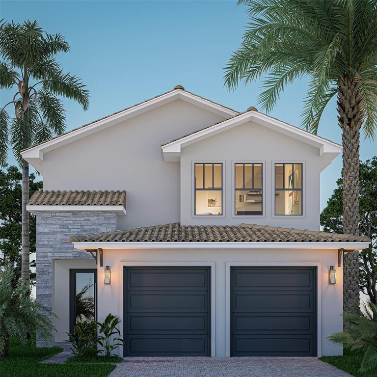A digital rendering of a two-story suburban house with a two-car garage and palm trees — 16243 VETTA DRIVE, MONTVERDE, FL