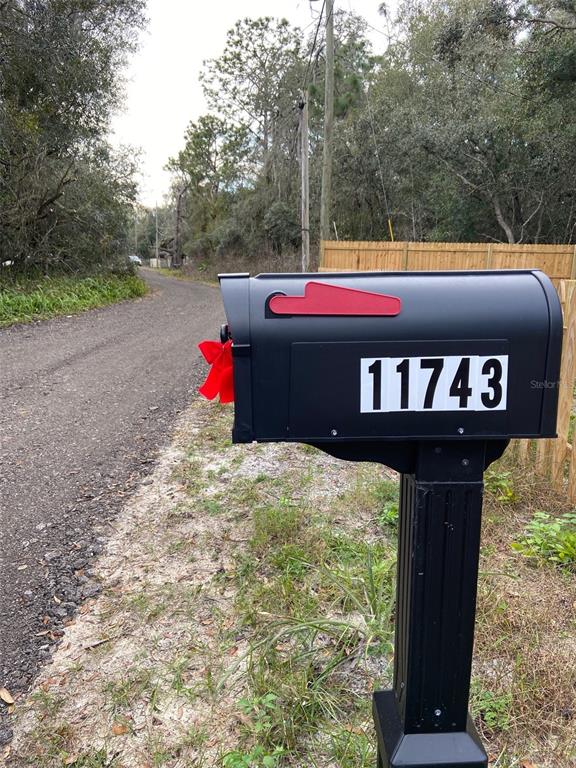 A black mailbox with the number 11743 stands beside a gravel road near a wooden fence — 11743 PURDUE STREET, NEW PORT RICHEY, FL
