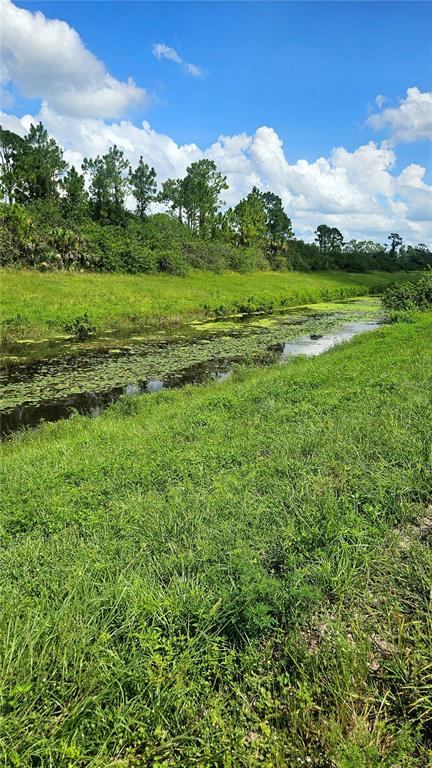 A grassy field slopes down to a narrow canal lined with trees under a blue sky — CUSTER LOT #25 CIRCLE, NORTH PORT, FL