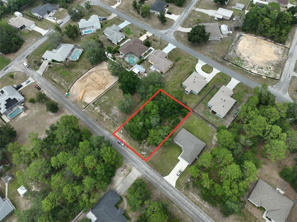 An aerial view shows a vacant, rectangular wooded lot outlined in red along a road — 9155 N HAMMOND WAY, CITRUS SPRINGS, FL
