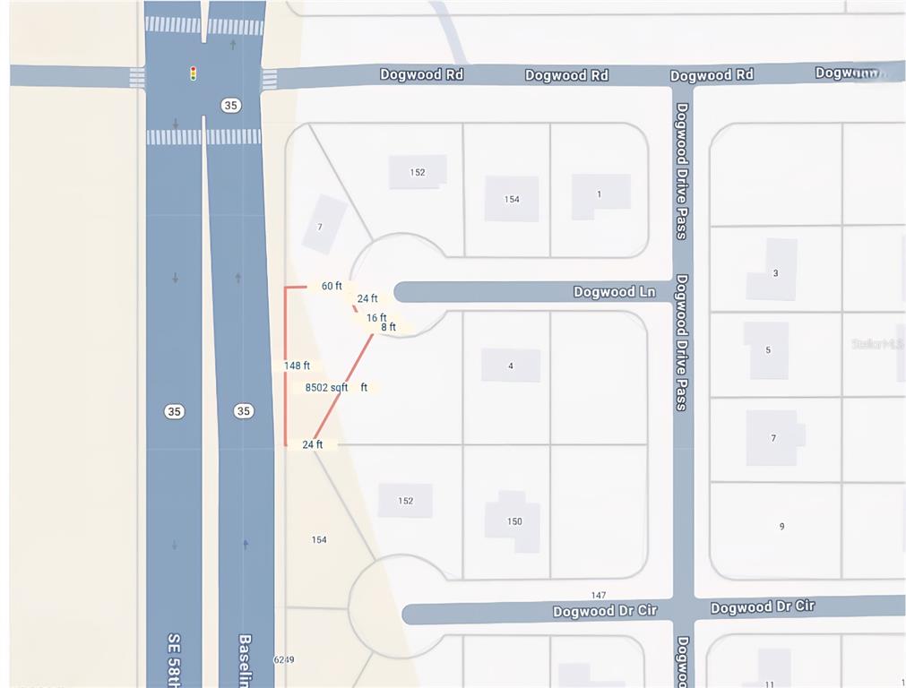 This is a map showing a residential property lot outlined in red near a highway — TBD DOGWOOD LANE, OCALA, FL