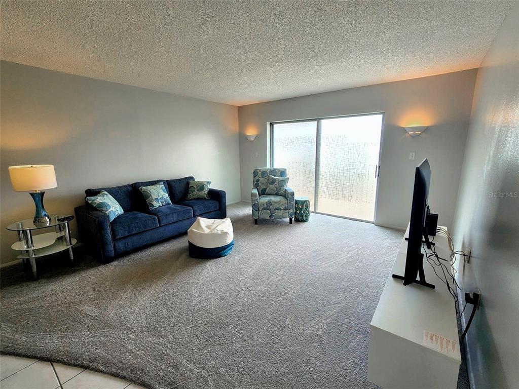 A living room features a blue sofa, an armchair, a television, and gray carpeting — 4215 E BAY DRIVE UNIT 1602D, CLEARWATER, FL