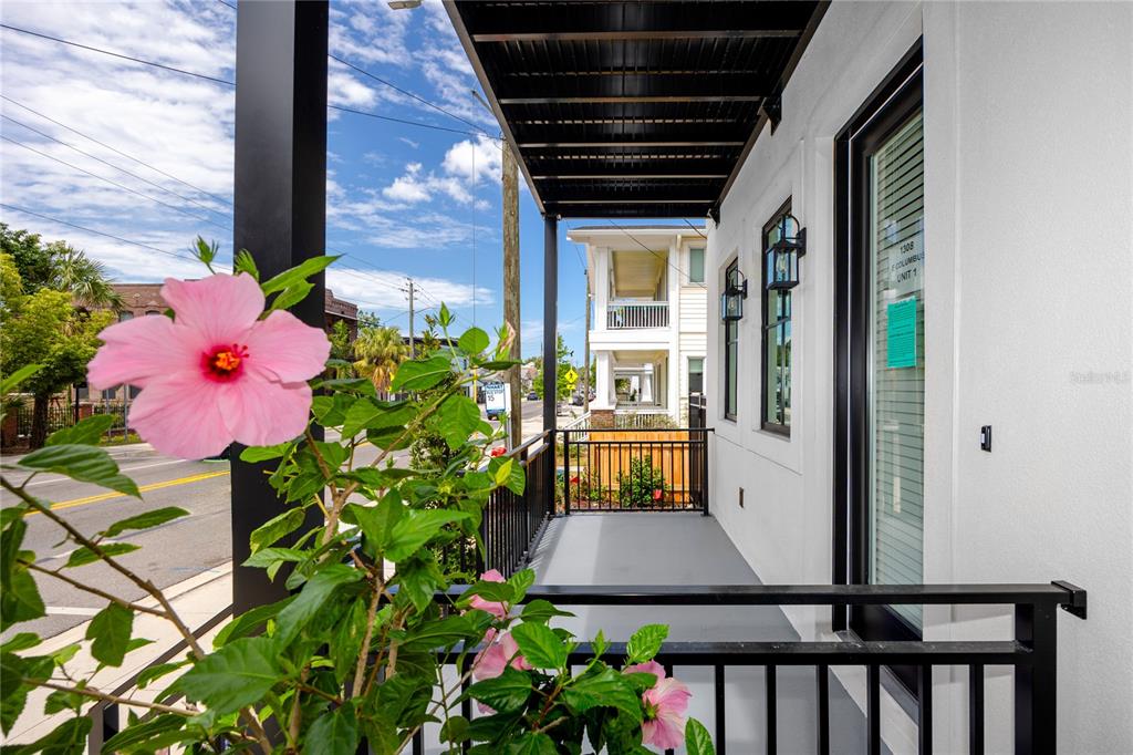 A pink hibiscus flower blooms in the foreground of a covered outdoor porch — 1308 E COLUMBUS DRIVE UNIT 2, TAMPA, FL