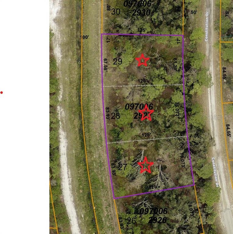This is an aerial map showing property lot boundaries and parcel numbers — Lot 27,28,29 CONSTITUTION DRIVE, NORTH PORT, FL