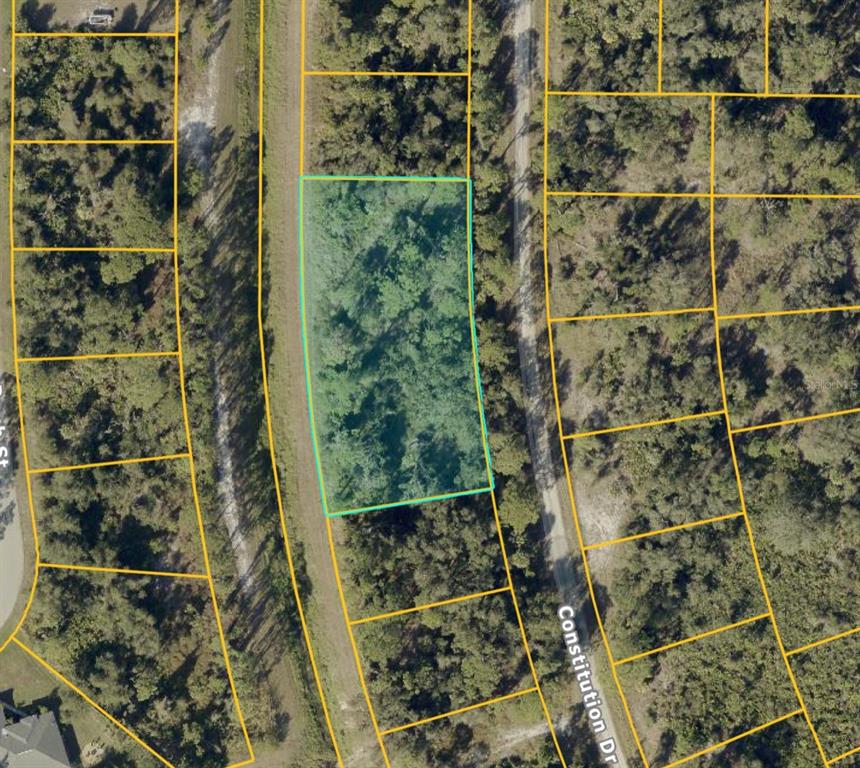 This is an aerial map view of a rectangular, wooded vacant lot outlined in teal — Lot 27,28,29 CONSTITUTION DRIVE, NORTH PORT, FL