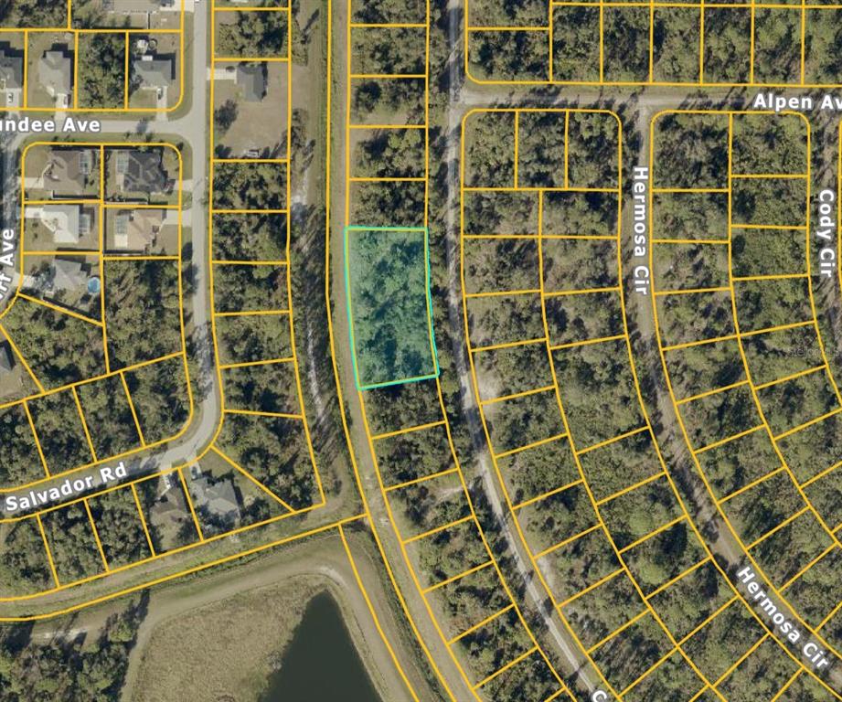 This is a satellite map showing a highlighted vacant lot surrounded by residential streets — Lot 27,28,29 CONSTITUTION DRIVE, NORTH PORT, FL
