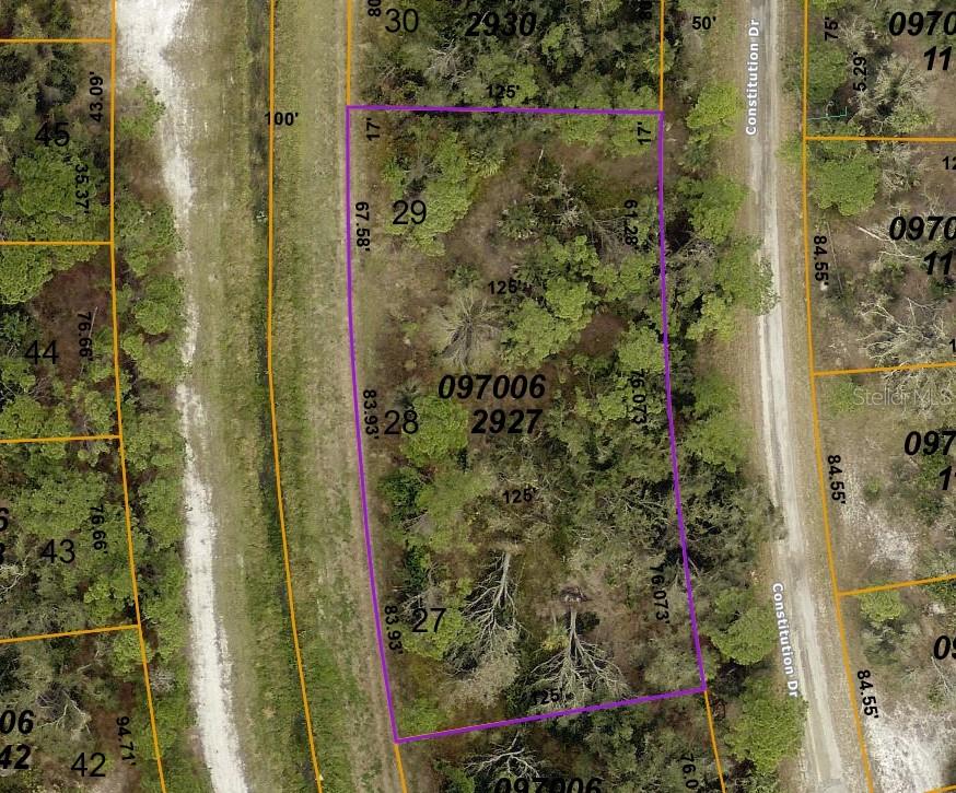 This is a map showing a rectangular parcel of land outlined in purple — Lot 27,28,29 CONSTITUTION DRIVE, NORTH PORT, FL