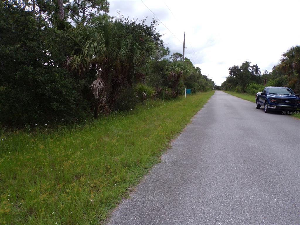 A paved road runs alongside a grassy area with trees and a parked blue truck — 14020 CARRIE AVENUE, PORT CHARLOTTE, FL