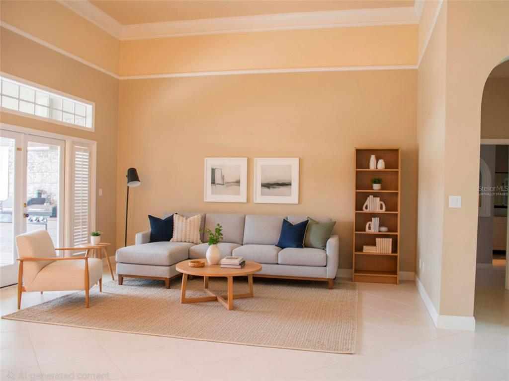 A living room with a gray sectional sofa, a wooden coffee table, and a bookshelf — 600 CHOCKTAW STREET, LAKE MARY, FL