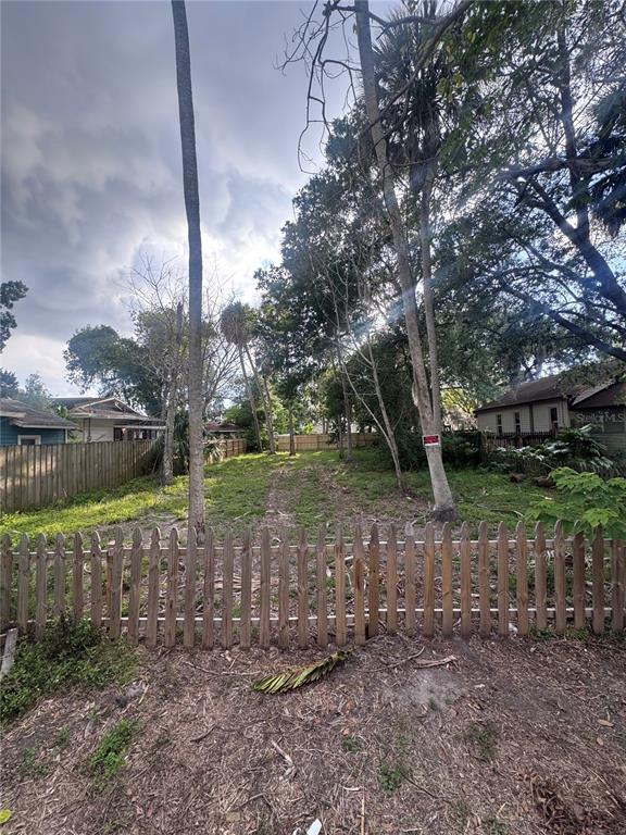 A fenced, grassy vacant lot features several tall trees under a cloudy sky — 7421 CHAPEL AVENUE, NEW PORT RICHEY, FL