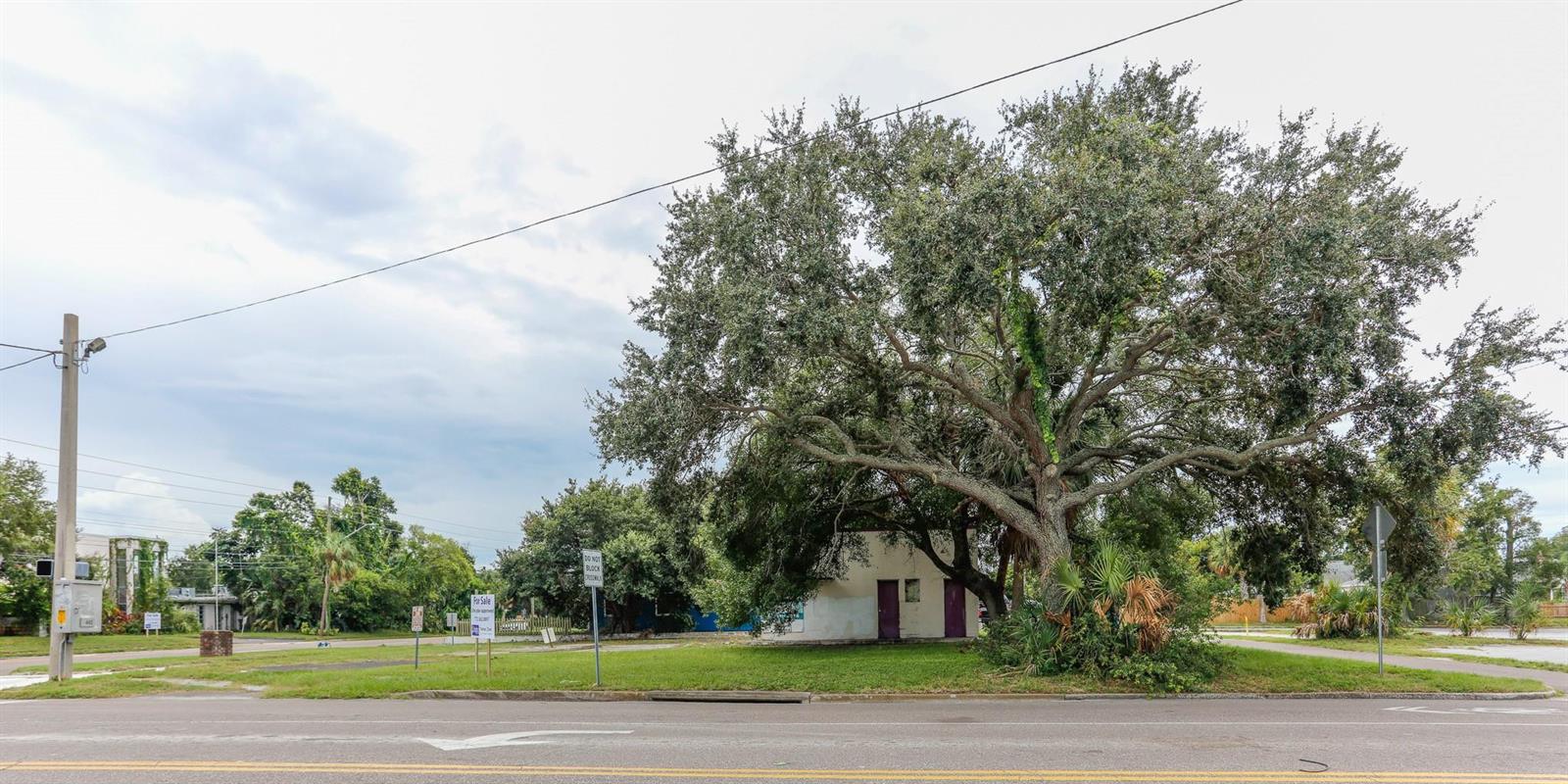 A large oak tree shades a small, single-story building on a grassy corner lot — 1246 N 16th Street, FL 33705, FL
