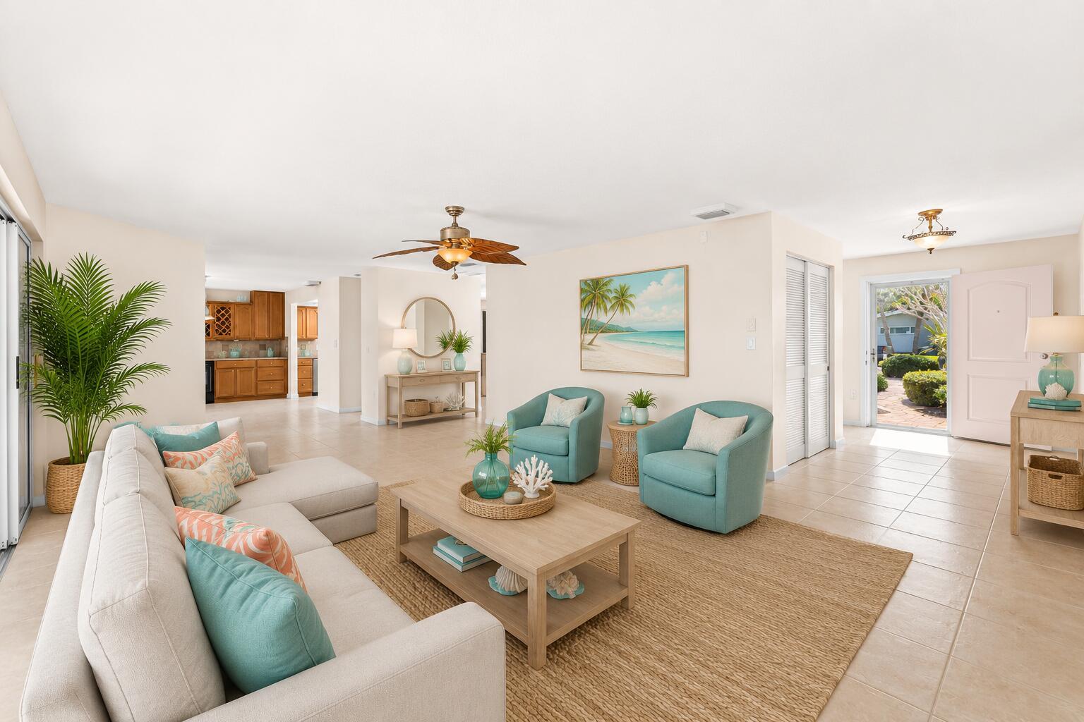A living room with a beige sofa, two teal armchairs, and a view of the kitchen — COCOA BEACH, FL