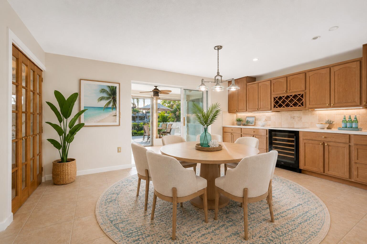 A dining room features a round wooden table, upholstered chairs, and wood cabinetry with a wine fridge — COCOA BEACH, FL