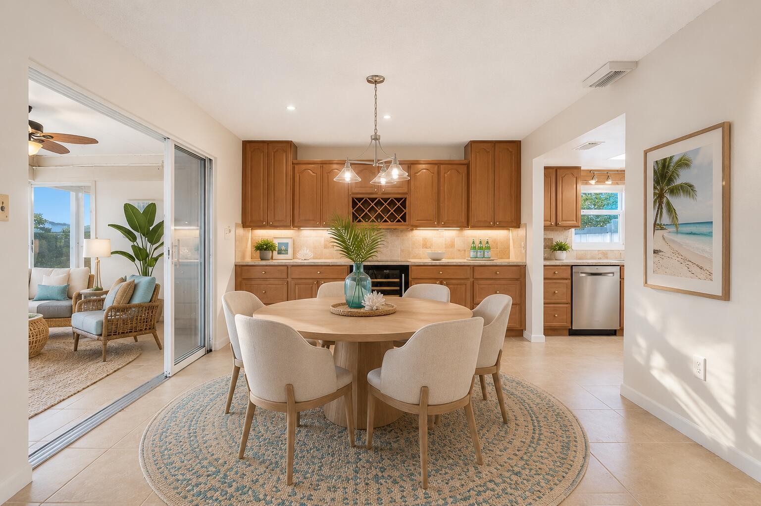 A dining area with a round wooden table, upholstered chairs, and wood cabinetry — COCOA BEACH, FL
