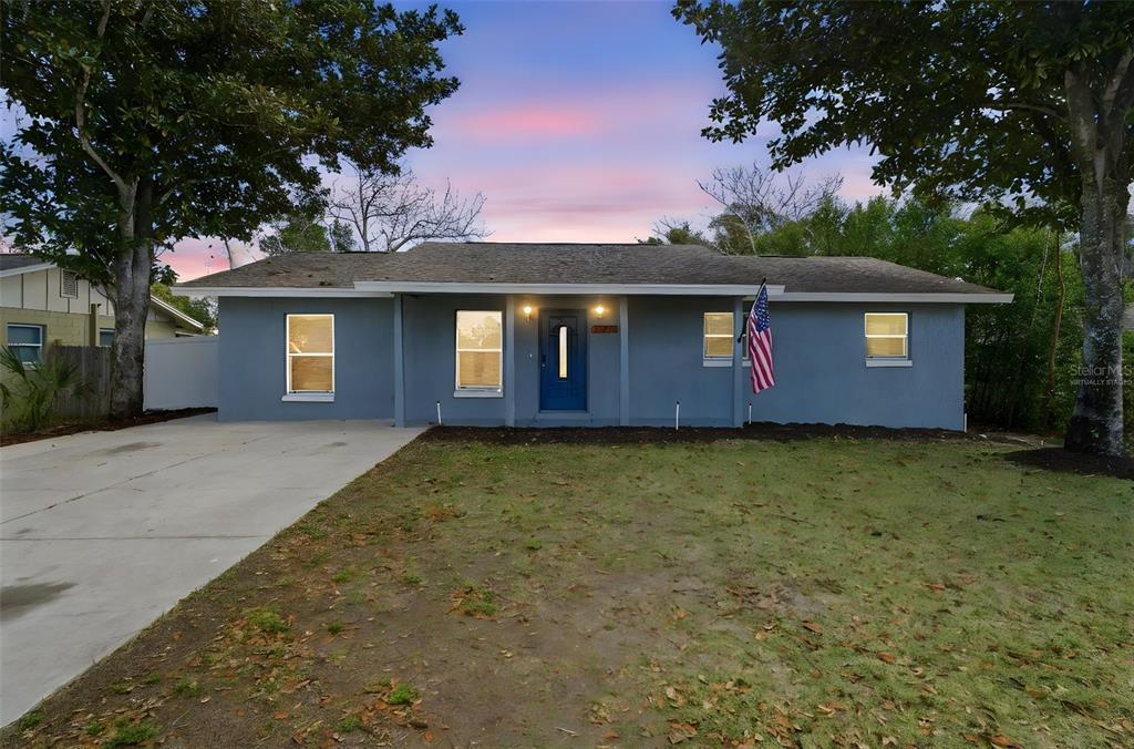 A single-story blue house with a concrete driveway, a front door, and an American flag — 32730 BLOSSOM LANE, LEESBURG, FL