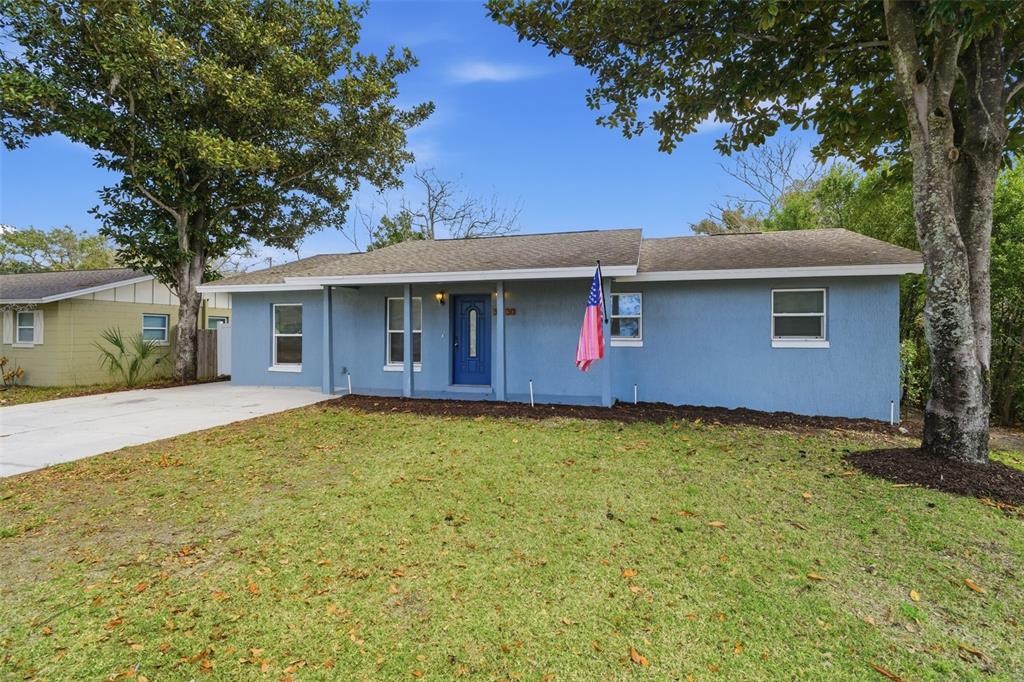 A single-story blue house with a front porch, a blue door, and a concrete driveway — 32730 BLOSSOM LANE, LEESBURG, FL