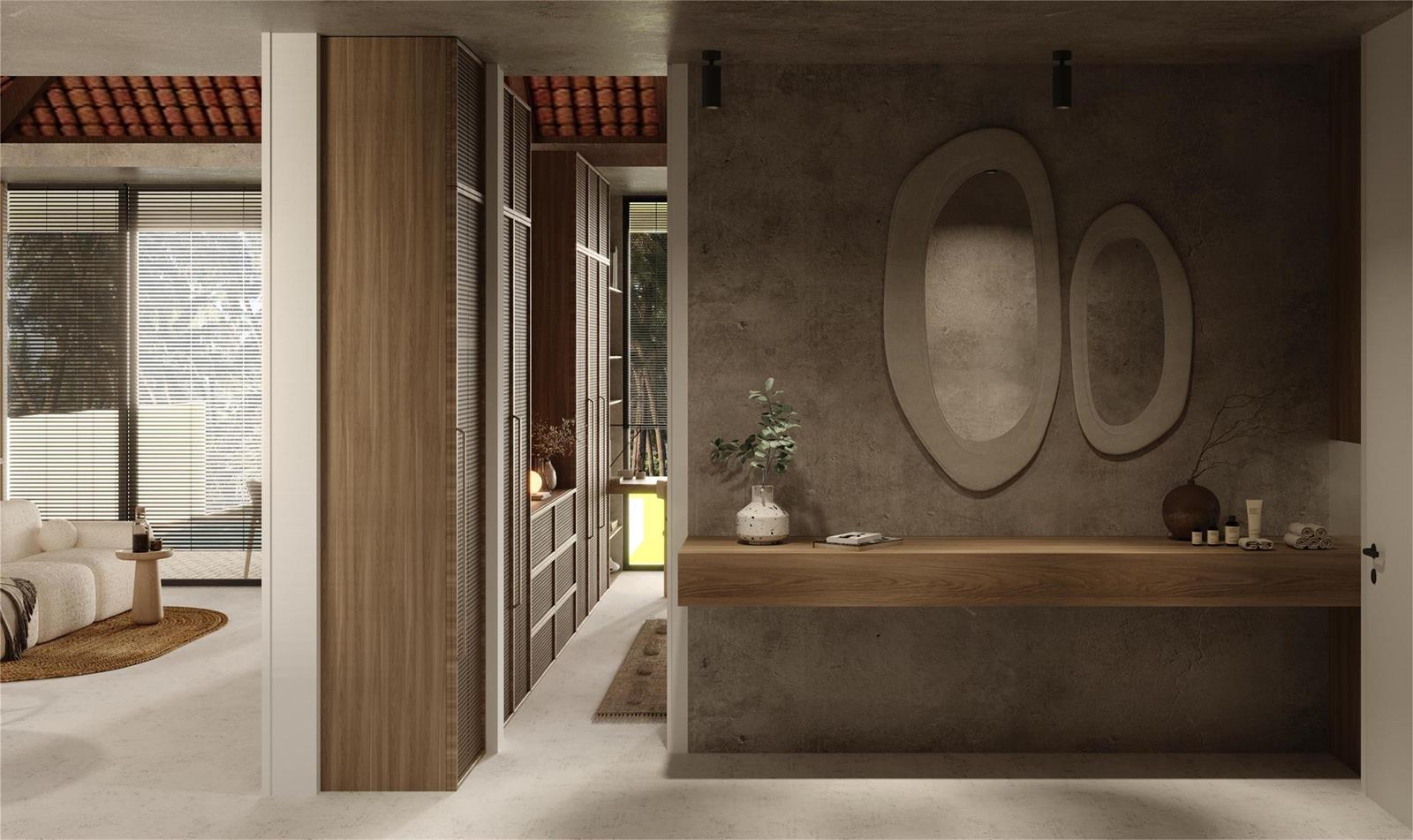 This rendering shows a modern hallway with a floating wooden console, concrete wall, and mirrors — 250 Bluff Bch Rd, Bocas Del Toro,, FL