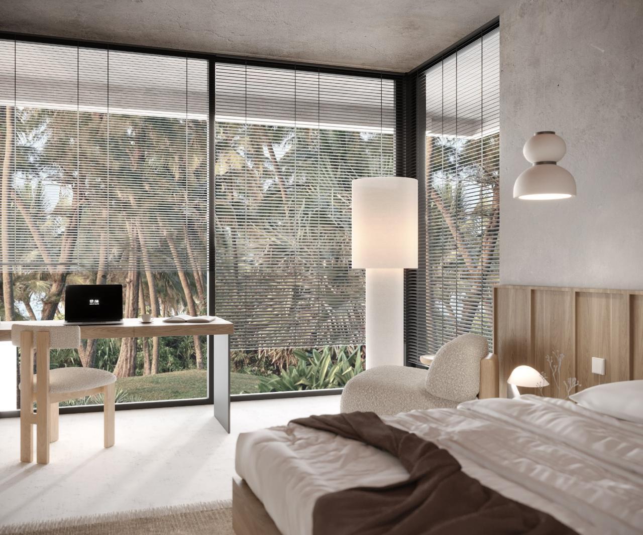 This is a rendering of a modern bedroom featuring a desk, armchair, and floor-to-ceiling windows — 250 Bluff Bch Rd, Bocas Del Toro,, FL