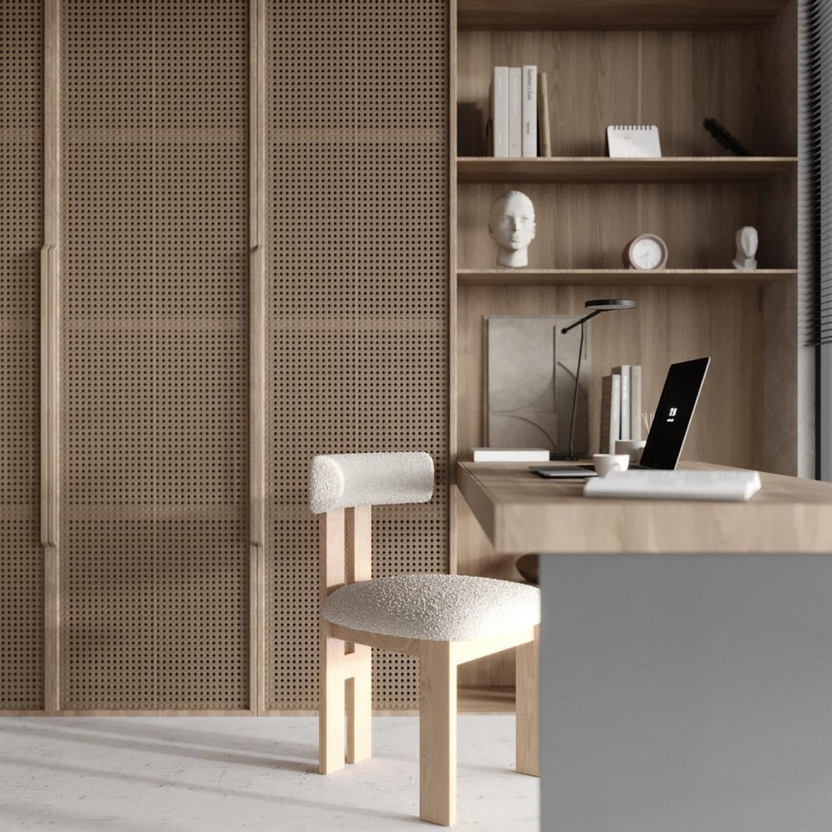 This rendering shows a home office with a wooden desk, textured chair, and cane cabinets — 250 Bluff Bch Rd, Bocas Del Toro,, FL