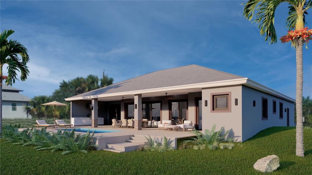 This is a digital rendering of a modern house exterior with a pool and patio — 15618 VISCOUNT CIRCLE, PORT CHARLOTTE, FL