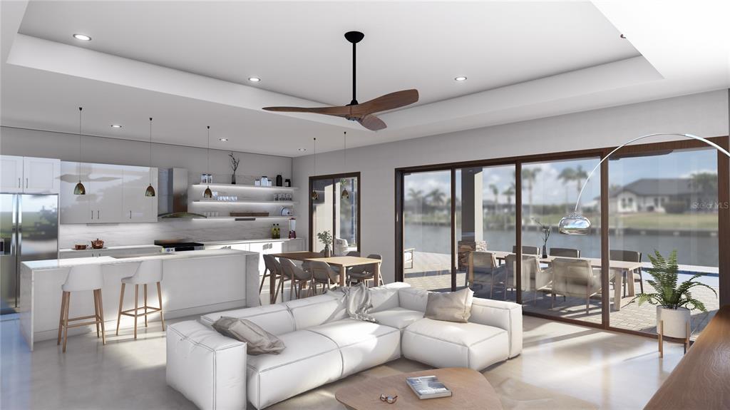 This rendering shows an open-concept living area with a white kitchen, dining space, and patio — 15618 VISCOUNT CIRCLE, PORT CHARLOTTE, FL