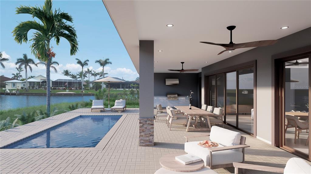 This rendering shows a covered patio with a swimming pool, outdoor dining area, and waterfront view — 15618 VISCOUNT CIRCLE, PORT CHARLOTTE, FL