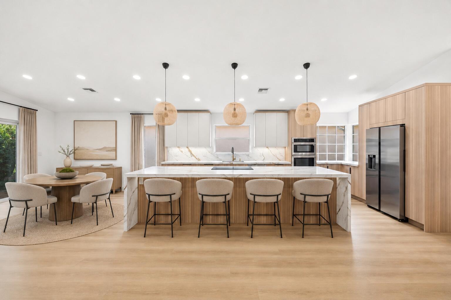 A modern kitchen features a large marble-topped island, light wood cabinetry, and three pendant lights — 5141 Columbo Court, Delray Beach FL 33484, DELRAY BEACH, FL
