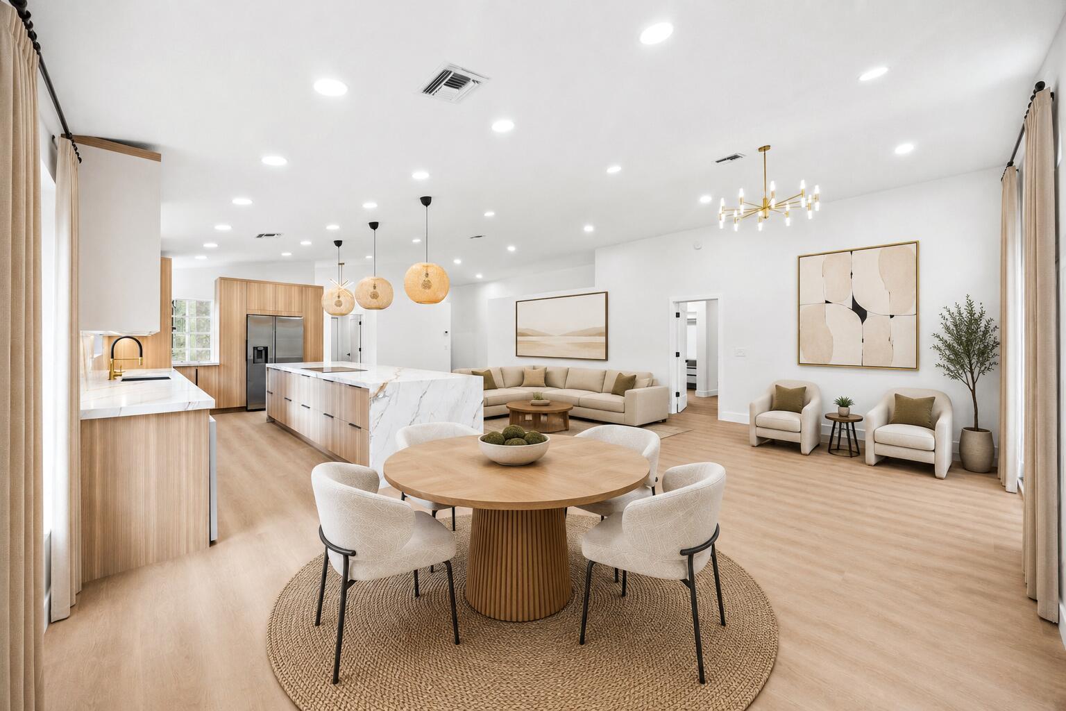 A modern kitchen features a large marble waterfall island, light wood cabinetry, and pendant lighting — 5141 Columbo Court, Delray Beach FL 33484, DELRAY BEACH, FL