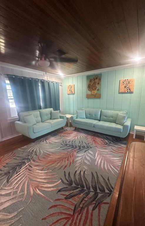 A living room features two light blue sofas, a tropical-patterned rug, and wood-paneled ceilings — 1564 S MICHIGAN AVENUE, CLEARWATER, FL