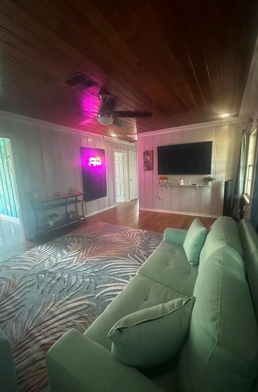 A living room features a light green sofa, a patterned rug, and a wood-paneled ceiling — 1564 S MICHIGAN AVENUE, CLEARWATER, FL