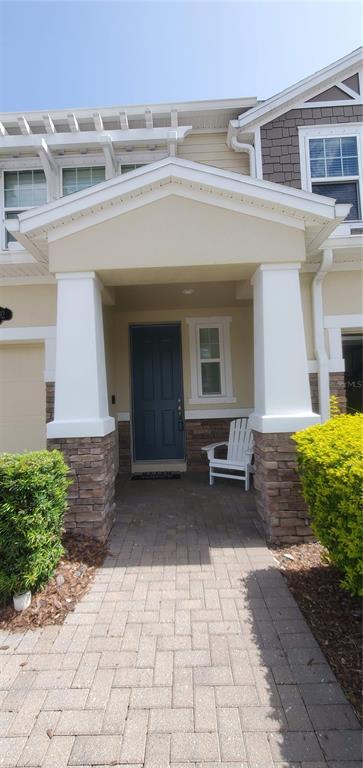 A covered entryway with stone-based pillars leads to a dark blue front door — 18892 ULMUS STREET, LUTZ, FL