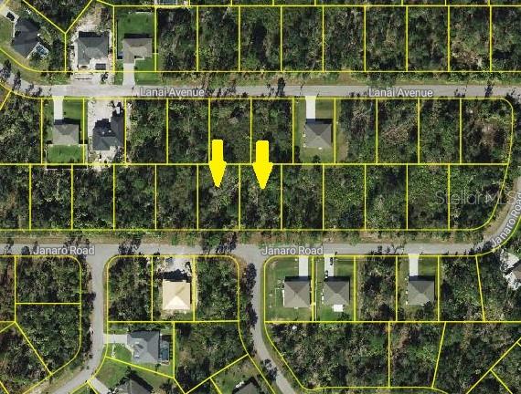 An aerial map view shows two adjacent vacant residential lots marked with yellow arrows — JANARO ROAD, NORTH PORT, FL