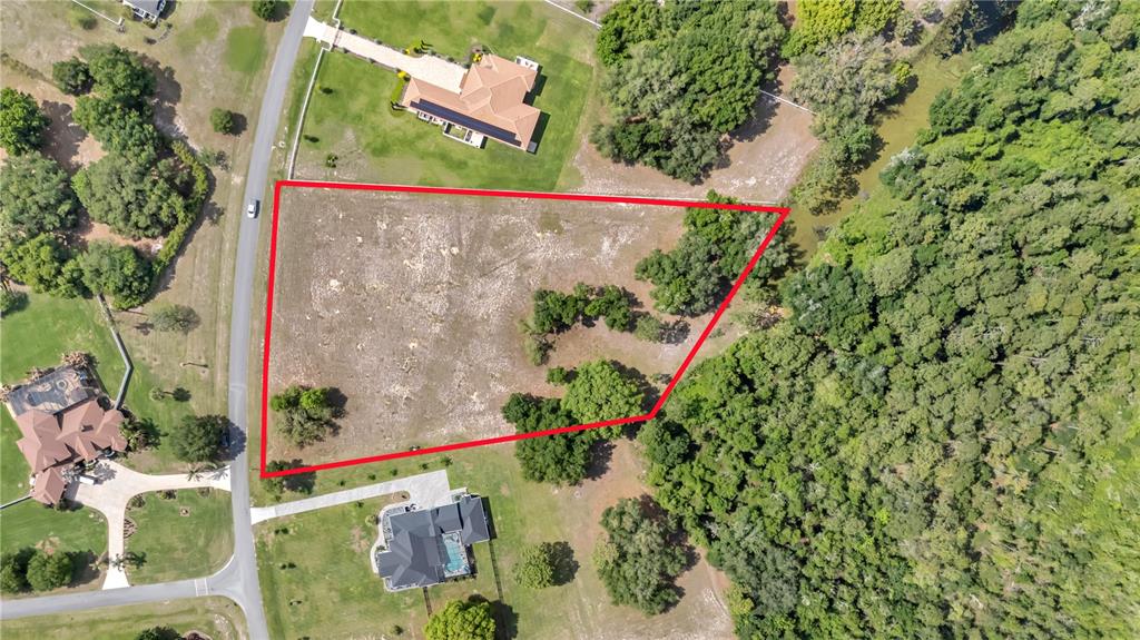 An aerial view shows a vacant, rectangular lot outlined in red between two residential houses — LOT 67, GRAND OAK LANE, TAVARES, FL