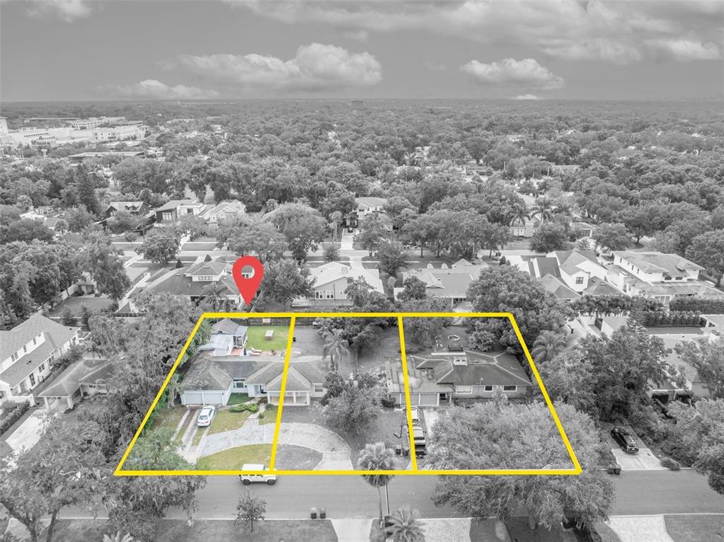 An aerial view shows two adjacent residential properties outlined in yellow on a tree-lined street — 1780 BRYAN AVENUE, WINTER PARK, FL