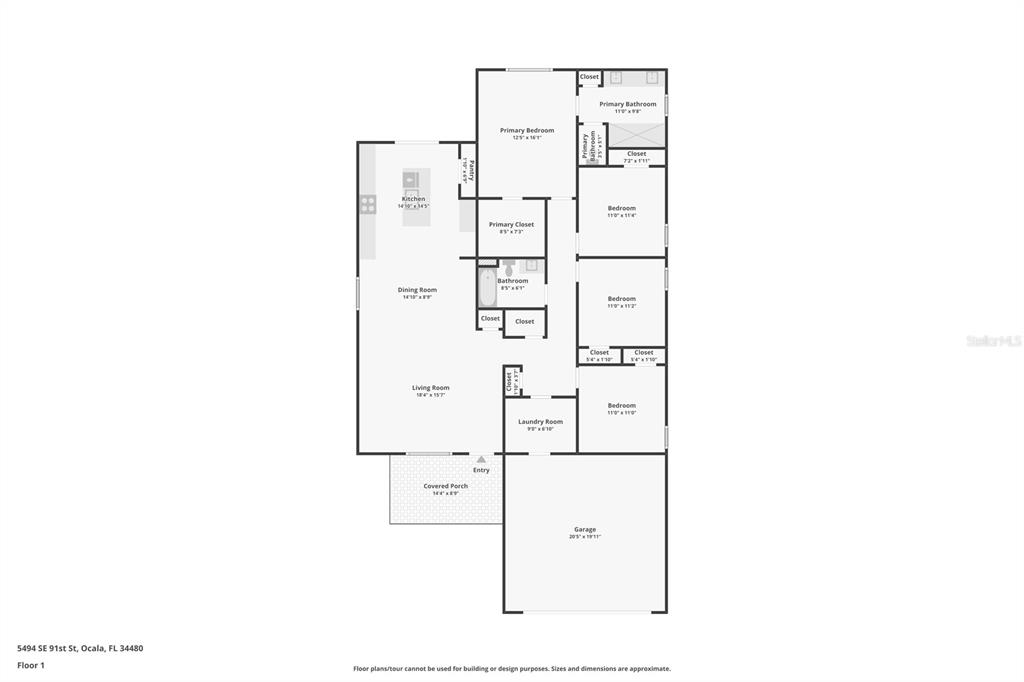 This is a floor plan showing a single-story house with four bedrooms and a garage — 5494 SE 91ST STREET, OCALA, FL