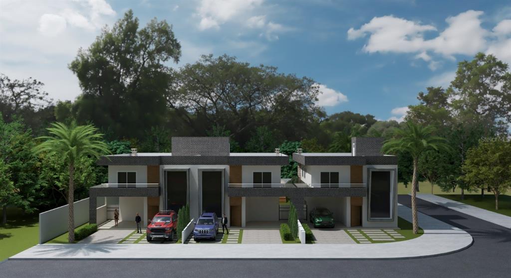 This is a digital rendering of a modern two-story duplex with covered parking and landscaping — 1510 CARSWELL STREET, PORT CHARLOTTE, FL
