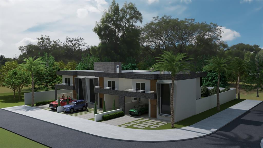This is a 3D architectural rendering of a modern two-story duplex with covered parking — 1510 CARSWELL STREET, PORT CHARLOTTE, FL