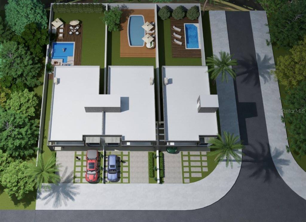 This architectural rendering shows an aerial view of three modern townhomes with private pools — 1510 CARSWELL STREET, PORT CHARLOTTE, FL