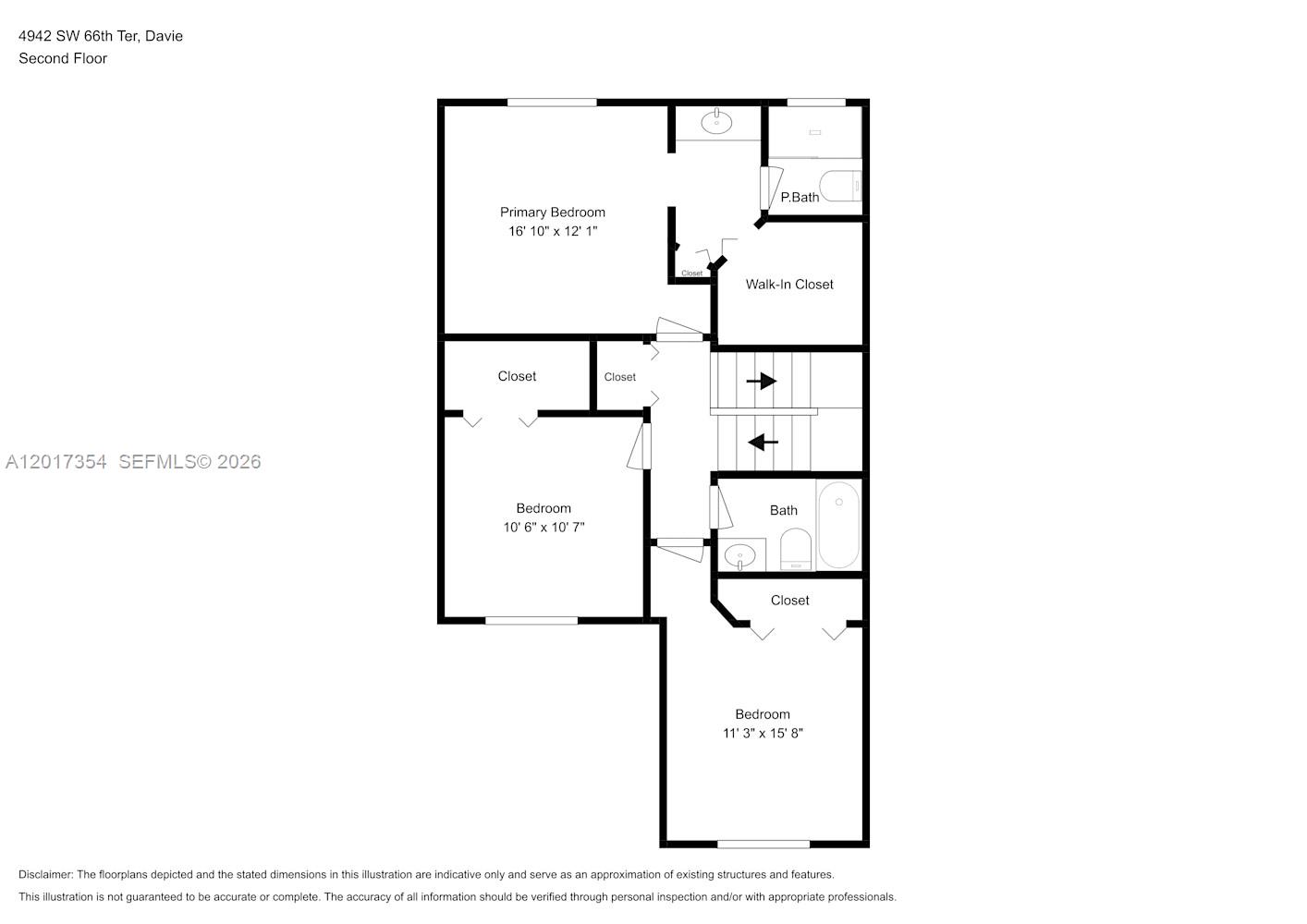 This is a floor plan of a second-floor layout featuring three bedrooms and two bathrooms — DAVIE, FL