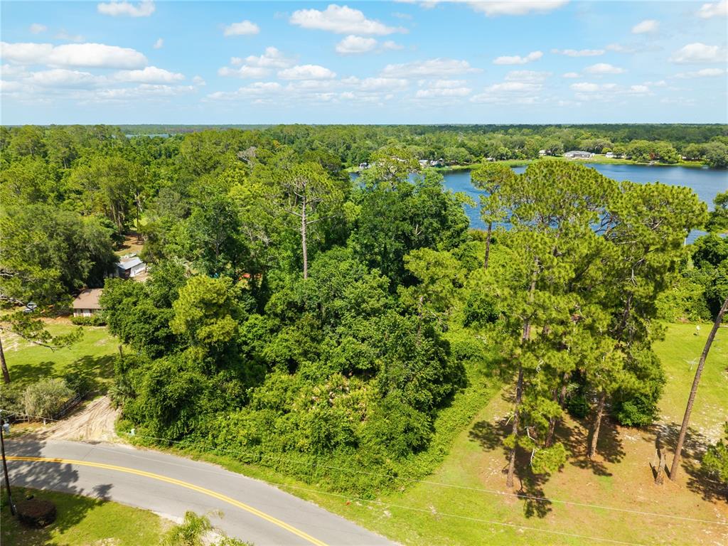 An aerial view shows a wooded lot next to a road and a lake — FISHERMANS ROAD, PAISLEY, FL