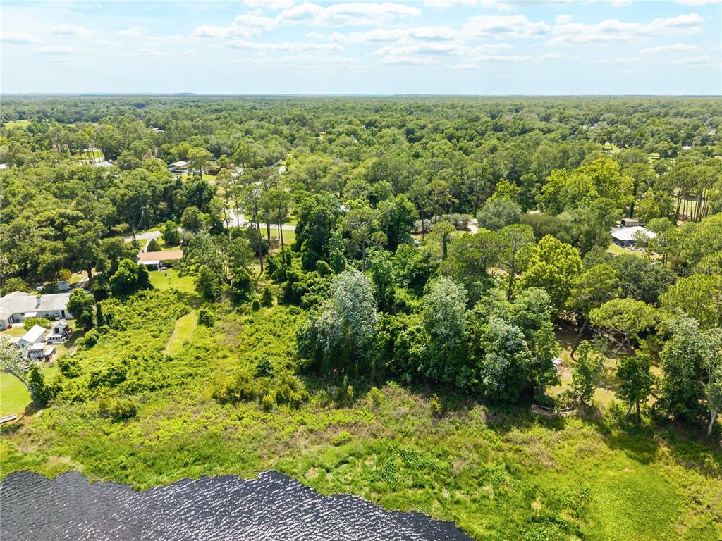 An aerial view shows a wooded lot bordering a body of water near residential homes — FISHERMANS ROAD, PAISLEY, FL
