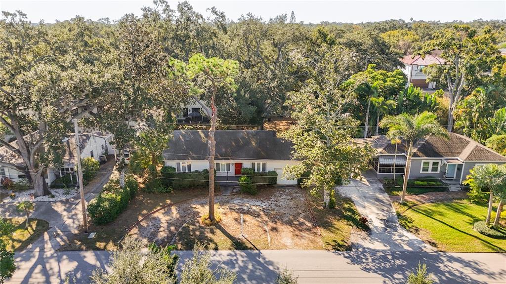 An aerial view shows a single-story house with a large front yard and tall trees — 3120 W COACHMAN AVENUE, TAMPA, FL