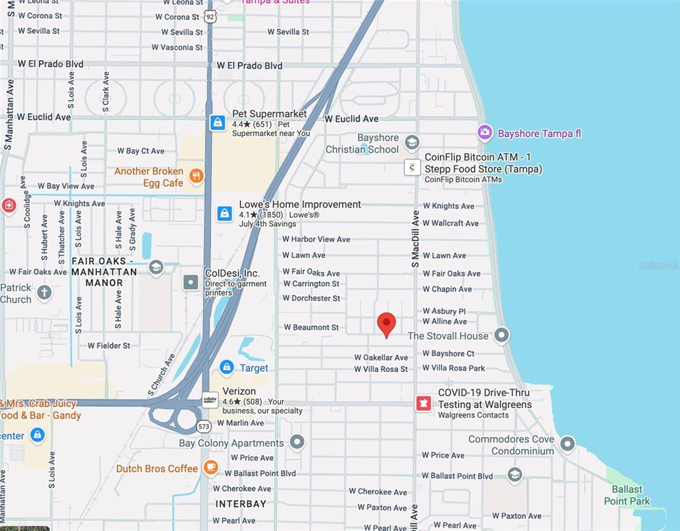 This is a map showing the streets and landmarks in a residential area of Tampa — 3120 W COACHMAN AVENUE, TAMPA, FL