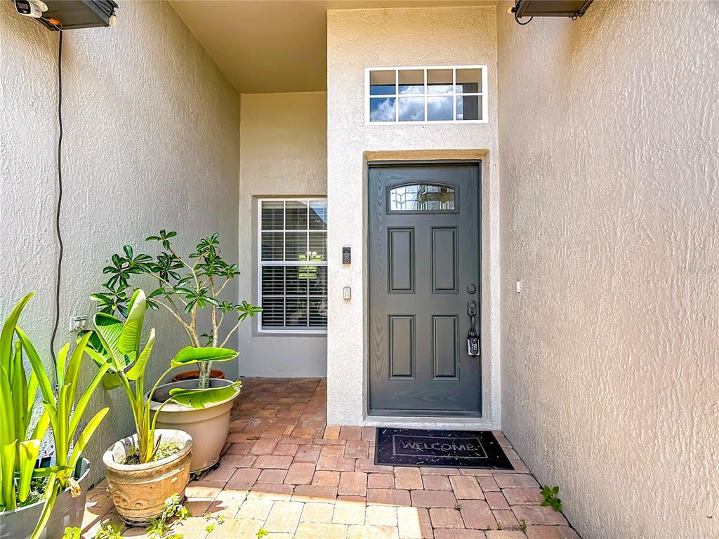 A front entryway features a gray door, a transom window, and potted plants on pavers — 2469 HYBRID DRIVE, KISSIMMEE, FL