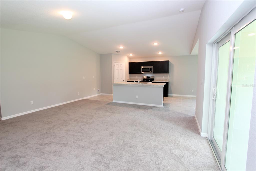An open-concept living area features gray carpeting, a kitchen island, and dark wood cabinetry — 154 AUSTRALIAN DRIVE, ROTONDA WEST, FL