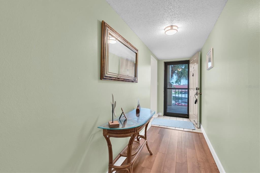An entryway features light green walls, a glass-topped console table, and wood-look flooring — 19029 US HIGHWAY 19 N UNIT 26-208, CLEARWATER, FL