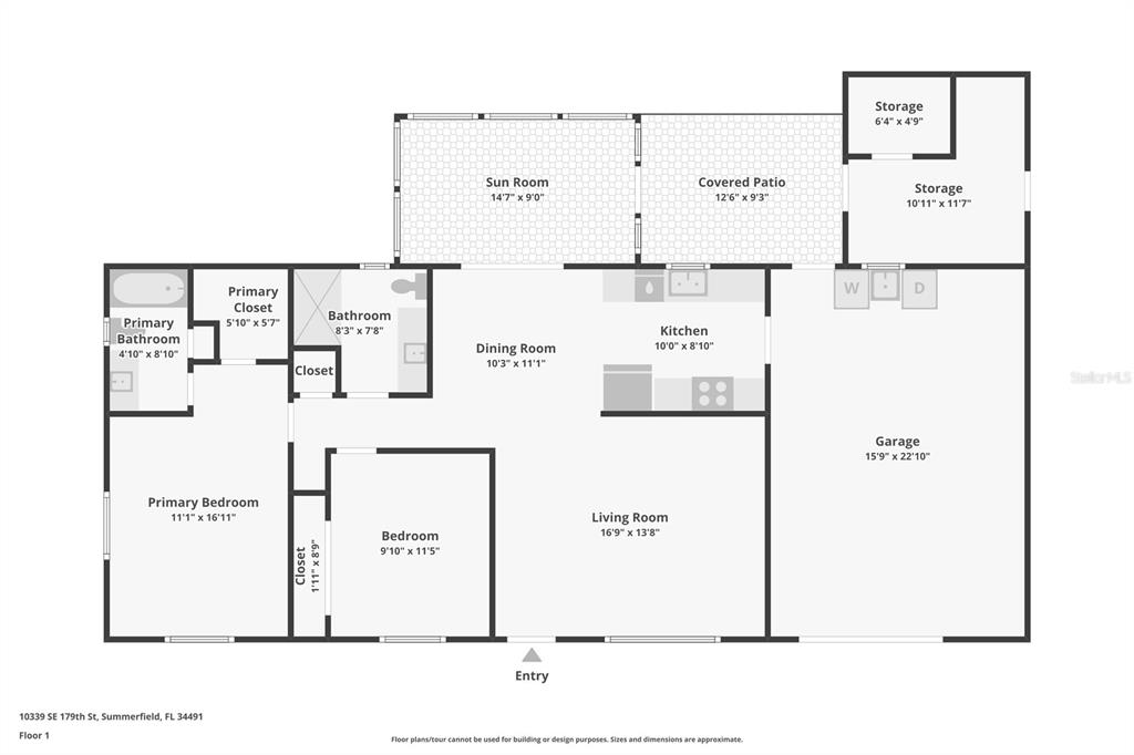 This is a floor plan of a single-story home with two bedrooms, two bathrooms, and garage — 10339 SE 179TH STREET, SUMMERFIELD, FL