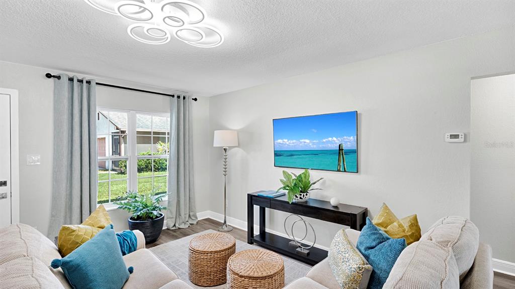 A living room features a wall-mounted television, a console table, and two sofas — 10230 GENESEE LANE, ORLANDO, FL